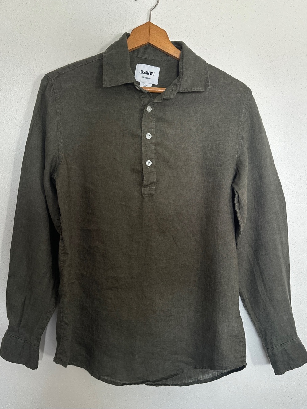 JASON WU 100% Linen Popover Henley Shirt Men Small Olive Green Minimalist
